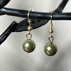 Faux Pearl Dangle Earrings Green. .5” Drop
